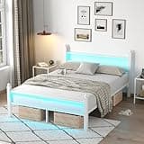 CollaredEagle Full Bed Frame with Headboard and Footboard,Heavy Duty Steel Slats Support Metal Bed Frame with Charging Station,White