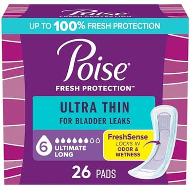 Poise Ultra Thin Incontinence Pads & Postpartum Pads for Bladder Leaks, 6 Drop Ultimate Absorbency, Long Length, 26 Count, Packaging May Vary