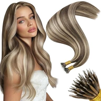 Moresoo Nano Bead Hair Extensions Human Hair Dark Brown with Caramel Blonde Highlight Nano Hair Extensions Human Hair for Wedding Straight 50G/50S 18 Inch