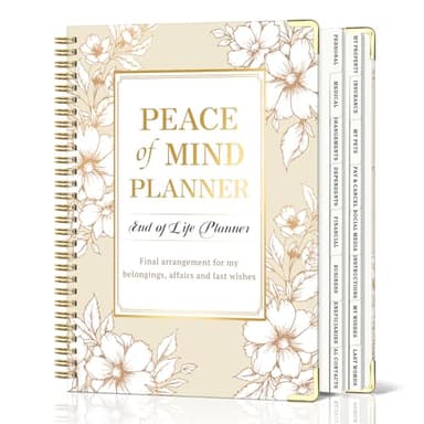 Peace of Mind Planner, Spiral End of Life Planner with Tabs for Senior, Guided Estate Planning Organizer for Final Arrangements & Important Affairs, 7.9"x10.4", Flower
