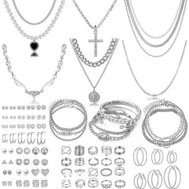 116 Pcs Silver Jewelry Set with 7Pcs Layered Necklace, 11 Pcs Bracelet and 22pcs Hoop Earrings ,22pcs Knuckle Rings,54pcs stud earrings Jewerly set For Women Valentine Anniversary Friendship Gift