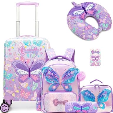 Esteemly Kid's Luggage Set 5 Piece Suitcase Set 16" Hardside Luggage with Spinner Wheels Girls Carry on Toddler Travel Rolling Suitcase with Neck Pillow Airline Approved