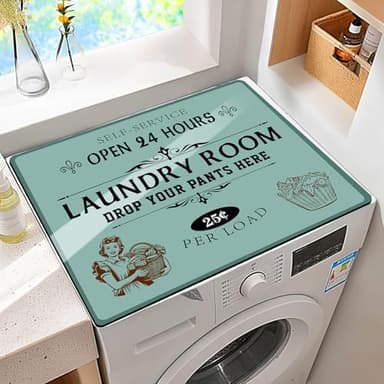 Non-Slip Washer & Dryer Top Cover Protector Mat Dust-Proof Washing Machine Cover Pad With Vintage Teal & Green Laundry Sign Design Universal 23.6"x19.7" for Laundry Room & Kitchen Decor