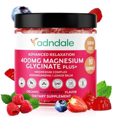 Adndale 90 CT Magnesium Glycinate Gummies 400 mg/Serv with Ashwagandha, Magnesium Malate & Taurate, Sugar Free Magnesium Gummies for Adults & Kids.
