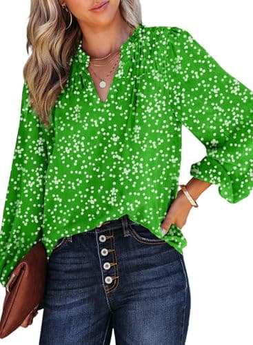 Dokotoo Long Sleeve Shirts for Women Fall Clothes Alicia Floral Print V Neck Smocked Chiffon Blouses for Women Dressy Casual Tshirts Fall Tops for Women 2026 Summer Trendy Work Boho Tops XLarge Green