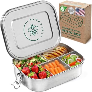 Everusely - Bento Box - Stainless Steel Lunch Box for Adults - 47 oz, 1.4 L - 5 Compartment Snack Container with Removable Silicone Seal + Secure Lock Clips - Non Plastic, Leakproof, Dishwasher Safe