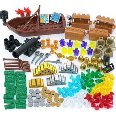 MALEKO Money Pirate Ship Treasure Accessories, Bank Dollars Cannon Crystals Gems Coins Gold Bar Silver Map Cash Chest, City Friends People Weapons Bricks Parts and Pieces Building Blocks Toys