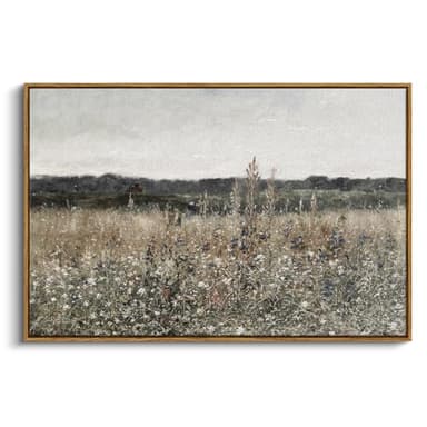 InSimSea Framed Canvas Wall Art Vintage Decor, Landscape Wall Art, Meadow with Flowers Art, Modern Farmhouse Decor, Cottagecore Bedroom Bathroom Office Decorations, 24"x36"