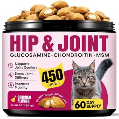 Glucosamine for Cats, Cat Joint Supplement with Chondroitin, Omega-3s & Green-Lipped Mussel, Pain Relief Crunchy & Creamy Treats for Senior Cats, Hip & Joint, Mobility & Flexibility Support -450 Chews