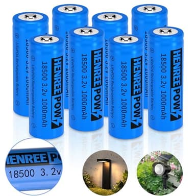 Henreepow 18500 Rechargeable Battery, 3.2v LiFePO4 Lithium Phosphate Battery 1000mAh for Outdoor Garden Solar Lights, Flashlight (8 Pack)