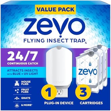 Zevo Flying Insect Trap & 3 Refill Cartridges - Plug in Fly Trap & Indoor Bug Catcher for Gnats, House & Fruit Flies - Blue & UV Light Technology, Mess-Free Alternative to Bug Zapper