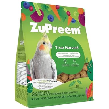 ZuPreem True Harvest Bird Pellets, Daily Bird Food for Cockatiel, Lovebird, Quaker, Small Conure, Lorikeet, Core Nutrition for Medium Birds, Added Vitamins, Cockatiel Pellets (M, 2.5 lbs)