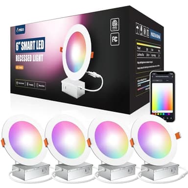 Amico 4 Pack 6 Inch Smart LED Recessed Lighting, WiFi Canless Downlight with Junction Box, RGB & 2700-6500K Color Changing, 12W=110W 1000LM, Voice&Remote&Group Control