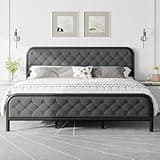 Feonase King Size Bed Frame, Upholstered Metal Bed Frame with Liene Tufted Headboard, Heavy Duty Metal Slats, 12" Storage Space, No Box Spring Needed, Easy Assembly, Linen Gray