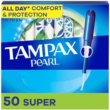 Tampax Pearl Tampons for Women, with LeakGuard Braid, Super Absorbency, Unscented, 50 Count
