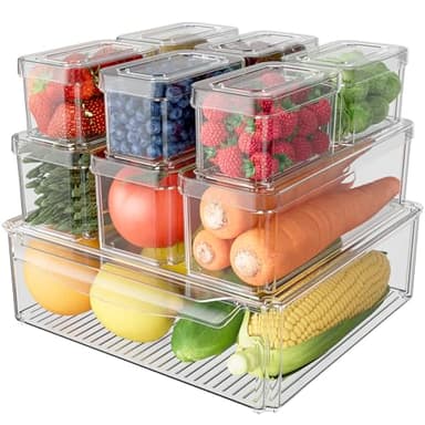 SpaceHacks 10 Pack Refrigerator Organizer Bins Stackable with Lids, Clear Fridge Organizers and Storage, Kitchen Organizer Storage Containers for Fruit, Produce, Food, Vegetables
