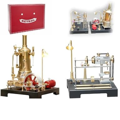 Retrol SE-03 & Retrol GF-01 Steam Engine Model Kit That Works, DIY Assembly Metal Engine Model with Brass Boiler, Generator & Lamp Stand & Workshop, Science Gift for Christmas Adults