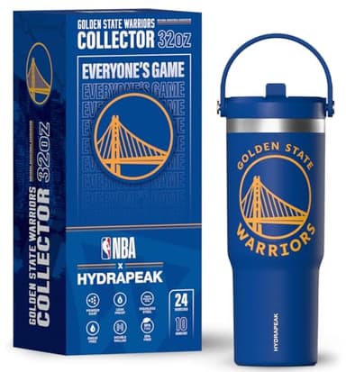 Hydrapeak NBA Officially Licensed Golden State Warriors Nomad 32oz Insulated Stainless Steel Leakproof Water Bottle with Flexible Grip Handle & Straw Lid, Limited Edition Collector Gift Box