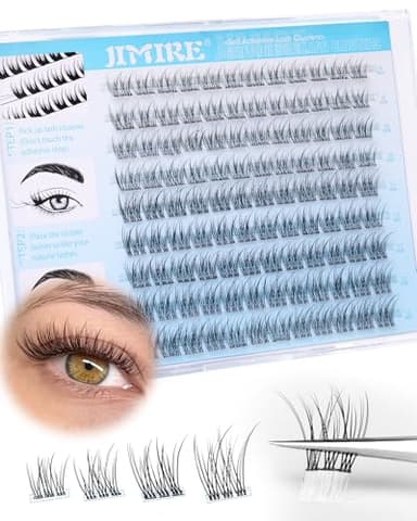 JIMIRE Natural Self Adhesive Eyelashes Wispy Pre Glued Lash Clusters No Glue Needed Press on Lashes Reusable Self Adhesive Lash Clusters Easy to Apply 9-12MM 108Pcs Pack