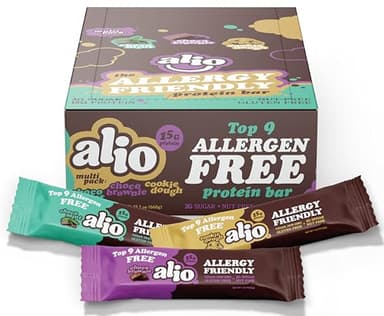 Alio Protein Bars - 3-Flavor Combo Box (12 Bars) – Free From The Top 9 Food Allergens, High Protein, Low-Calorie, Vegan, Gluten-Free, Nut-Free, Non-GMO, Plant-Based, Seed Oil Free, Delicious & Healthy Snack