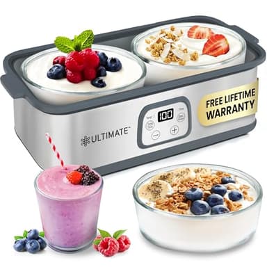 Ultimate Probiotic Yogurt Maker with Adjustable Time & Temp Control - Make Trillions of Live Probiotics with Two 1-Quart Containers for Larger Batches - Greek Yogurt Maker - ULTIMATE LIFETIME WARRANTY