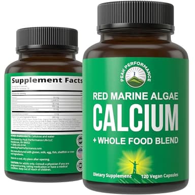 Plant Based Calcium - Red Marine Algae Calcium Supplement with Vitamin C, D3, K, Magnesium, and Whole Food Vegetable Blend. Vegan Capsules for Bones and Joints. 120 Pills, Tablets