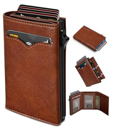 miyozi Wallet for Men,with Cash Pocket 2 ID Window 9-13 Cards,Metal Case Smart Slim Pop Up Credit Card Holder Flip with Magnetic Closure RFID Blocking Trifold wallet with Gift Box