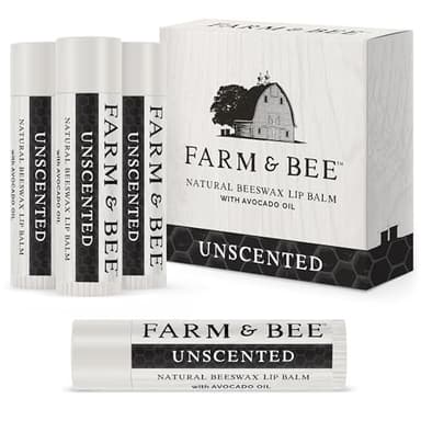 Natural Lip Balm - Organic & Natural Ingredients - Beeswax Based Moisturizing Lip Care Chapstick for Chapped Lips - Great Gift Idea - Farm & Bee - 0.15oz (Pack of 4 - Unscented)