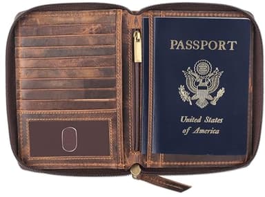 Passport Wallet - Travel Document Holder w/RFID Blocking – Full Grain Leather – Bifold compact zip around Wallet with Credit Card Slots for Women and Men,distressed brown,500-30