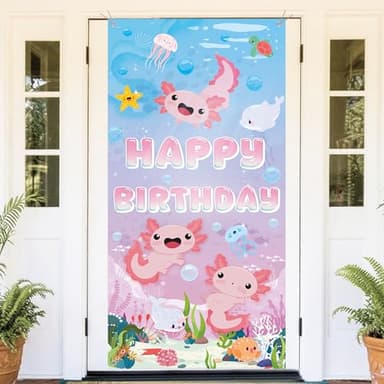 Axolotl Birthday Decorations Backdrop Banner - Large Pink Happy Birthday Banner 6×3 ft for Girls, Cute Axolotl Cartoon Animal Party Door Cover Decor for Kids Baby Shower