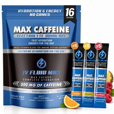 IV FLUID MAX Electrolytes Powder Packets – 300 mg Caffeine, B Vitamins, Sugar Free Energy Drink & Hydration, Pre-Workout, Recovery, On-the-Go 16 Single-Serve Packets