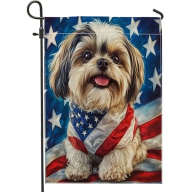 4th of July Shih Tzu Garden Flags 12”x18” Double Sided for Outside Decorative, American Independence Dog FrontYard Canvas House Flag, Pet Outdoor Small Backyard Lawn Flag