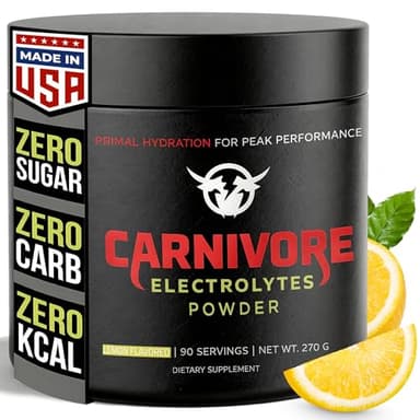 Carnivore Electrolytes Keto Electrolytes Powder - Premium Hydration for Balanced Support and Optimal Energy - Zero Sugar, Zero Calorie Electrolyte Powder for Daily Use - 90 Servings (Lemon Flavored)