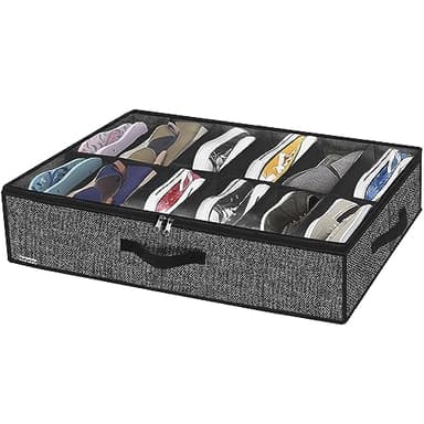 Onlyeasy Under Bed Shoe Storage Organizer with Sturdy Handles and Clear Window 1 Pack Fits 12 Pairs, Premium Foldable Underbed Shoes Container Box for Closet, Linen-like Black, MXAUBSB1P