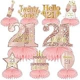 Turypaty Pink Rose Gold 21st Birthday Honeycomb Centerpieces Decorations for Women Girls, 9Pcs Happy 21st Birthday Table Centerpieces Party Supplies, Twenty-One Year Old Birthday Table Toppers Decor