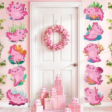 Pink Axolotl Birthday Party Decorations 10 Pcs Axolotl Birthday Banner Welcome Door Sign Cutouts Banner for Kid Girls Boys Reptile Animal Bday Baby Shower Party Supplies