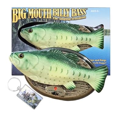 Big Mouth Billy Bass Singing Fish Gift Set with Largemouth Bass 3D Keychain, Motion Activated Animatronic Wall Plaque, Sings “Take Me to the River” & “Don’t Worry Be Happy” Funniest Novelty Gag Gifts