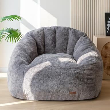 MAXYOYO Giant Bean Bag Chair, Oversized Bean Bag Couch for Adults and Kids, Faux Fur Shell-Shaped Large Chair with Filler, Stuffed Big Accent Sofa Lounge Floor Sofa for Reading, Dark Grey, Standard