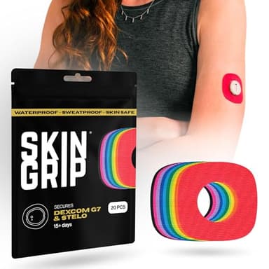 Skin Grip Adhesive Patches Compatible with Dexcom G7 & Stelo CGM with Cutout – Waterproof & Sweatproof Cover for Continuous Glucose Monitor Sensor, Stays Secure for 10-15 Days – 20 Pack, Rainbow Pack