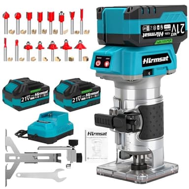 Hlrmsat Cordless Wood Router,21V Brushless Palm Router with 2×4.0Ah Battery,6-Speed Adjustment & 15-Piece Router Bits,Fresadora Para Madera for Edge Profiling,Grooving,Dovetailing Woodworking Projects