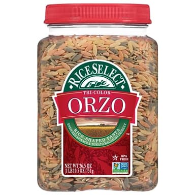 RiceSelect Tri-Color Orzo Rice-Shaped Pasta, Premium Spinach- and Tomato-Flavored Non-GMO Orzo Pasta, 26.5-Ounce Jar
