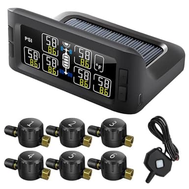 B-Qtech Trailer RV TPMS Solar Tire Pressure Monitoring System with 6 Flow Thru Sensors & Signal Repeater, 7 Alarm Modes Real Time Display Pressure Tempereture for RVs Trailers Bus Motorhome Truck