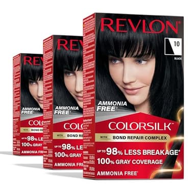 Revlon ColorSilk with Bond Repair Complex, Black Permanent Hair Color, 100% Gray Coverage, Ammonia Free Hair Dye, Vegan Keratin, 10 Black (Pack of 3)