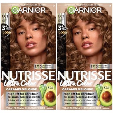 Garnier Nutrisse Ultra Color Nourishing Bold Permanent Hair Color Creme, LC1 Hi-Lift Light Brown (Salted Caramelo), Pack of 2, Hair Dye Kit for 8 Weeks of Bold Hair Color Even on Dark Bases