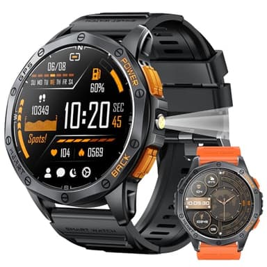 Military Smart Watches Built-in GPS, 170+ Sport Modes for Men with Flashlight, Smartwatch for Android Phones and iPhone, 1.43" AMOLED Screen Bluetooth Call Compass Altimeter (Black & Orange (2 Bands))