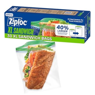 Ziploc XL Sandwich and Snack Bags with EasyGuide Texture, Plastic Storage Bags with Grip 'n Seal Technology, 30 Bags Total