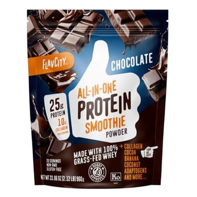 FlavCity Chocolate Protein Powder, Organic Cocoa with Collagen Peptides, Reishi & Cordyceps Mushrooms - Focus, Skin, Hair & Joint Support - 100% Grass Fed Whey All in One Smoothie, 20 Servings