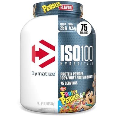 Dymatize x Fruity Pebbles ISO100 Whey Protein Powder Isolate, 25g of Protein, 5.5g BCAAs, 120 Cal., Gluten Free, 1g Fat, 1g Sugar, 2g Carb (75 Servings)