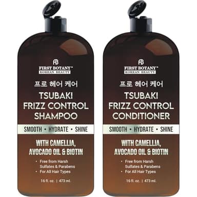 Korean Frizz Control Shampoo & Conditioner Set – Tsubaki Anti Frizz Hair Products for smooth, salon-worthy results- Sulfate Free, Hydrating & Smoothing for All Hair Types- 16 fl oz