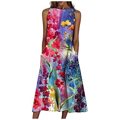 Women Marble Print Summer Tshirt Dress Sleeveless Beach Dress Graphic Long Maxi Tank Dress Casual Resort Clothes with Pockets